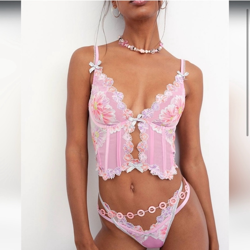 Love and Lemons Pink Aster Corset, Thong, and Garter set.